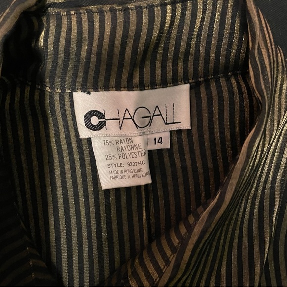Vintage Chagall Gold Metallic Shimmer Black Vertical Striped Long Sleeve Blouse - Picture 3 of 9